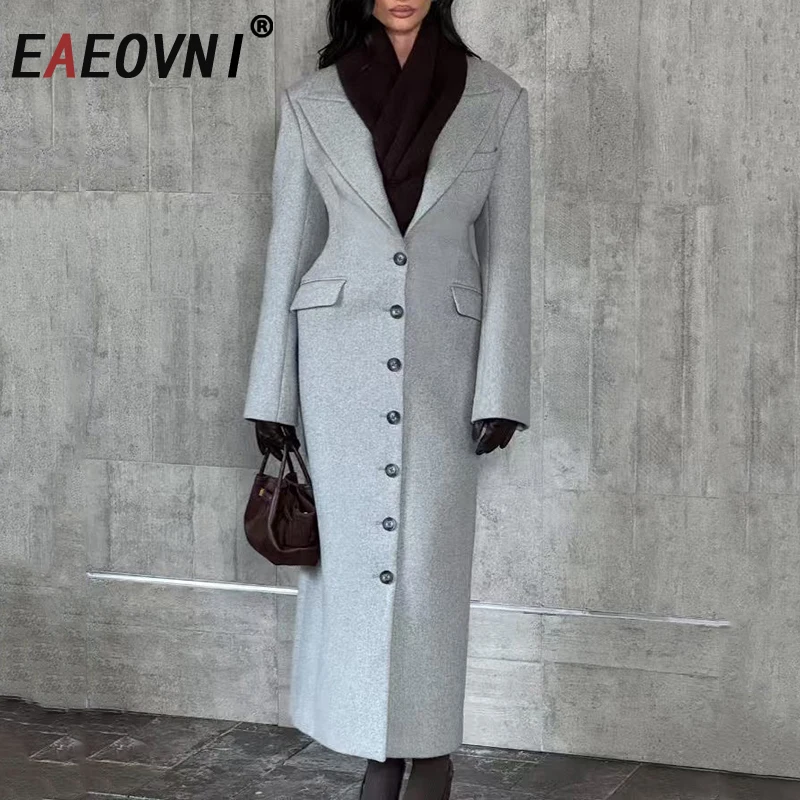 

EAEOVNI элегантное женское пальто шерстяной зубчатый воротник на пуговицах со сборкой на талии однотонная модная куртка зимняя новая одежда