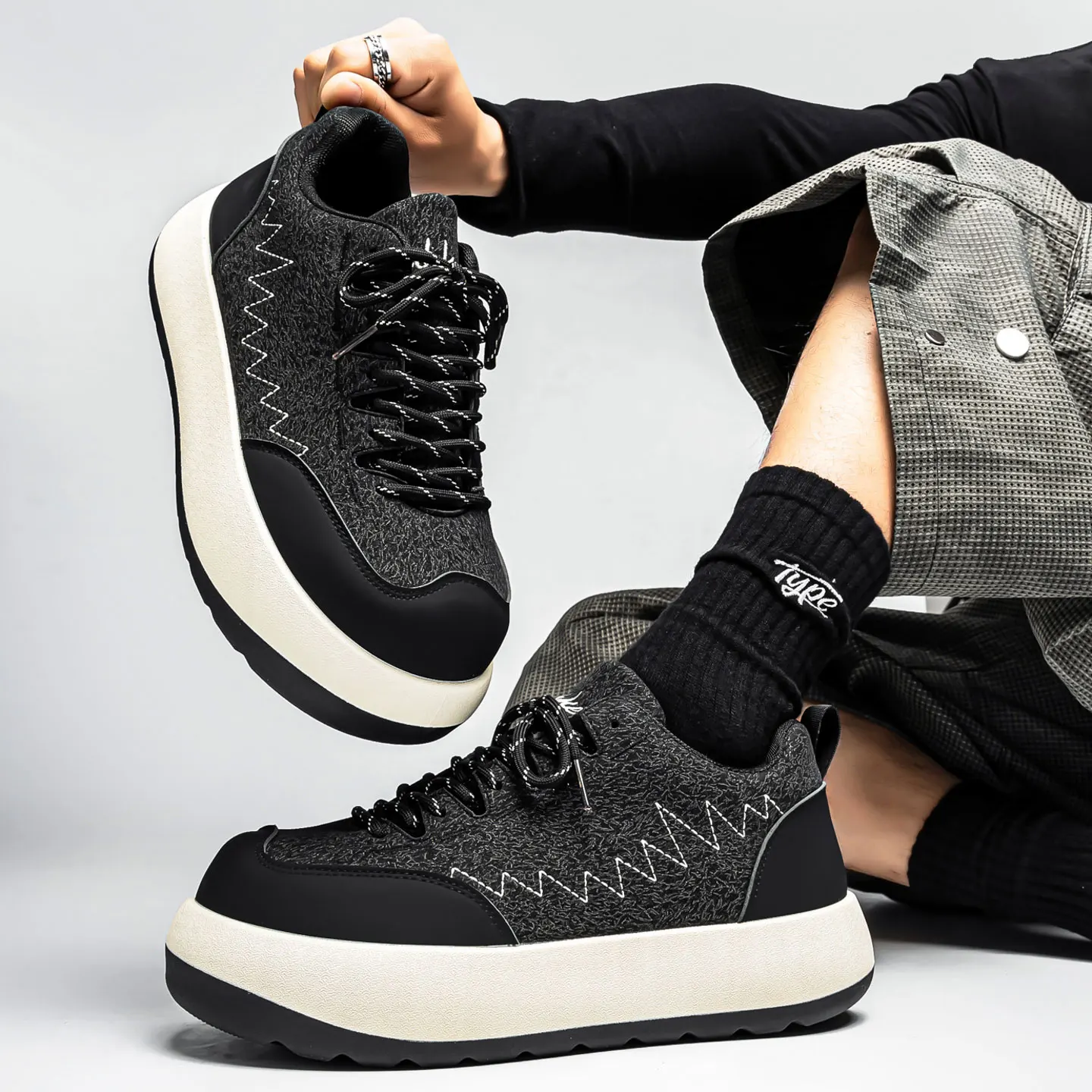 Men Wide Toe Derby Shoes, Thick Sole Height Boost Chunky Bread Sneakers, Anti-slip Wear-resistant Daily Casual Leather Footwear