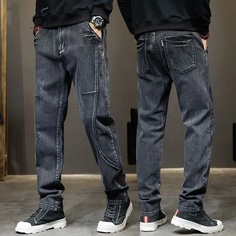 High Appearance Level Trousers Summer Thin Splicing Elastic Fattening Enlarged Jeans Men's Fat Men's Loose Straight Trousers New