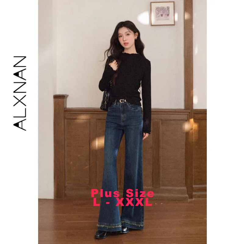 ALXNAN حجم كبير قميص أسود الياقة المدورة كشكش المرقعة المرأة بلوفر مغزول تنوعا عادية بأكمام طويلة D58150-1