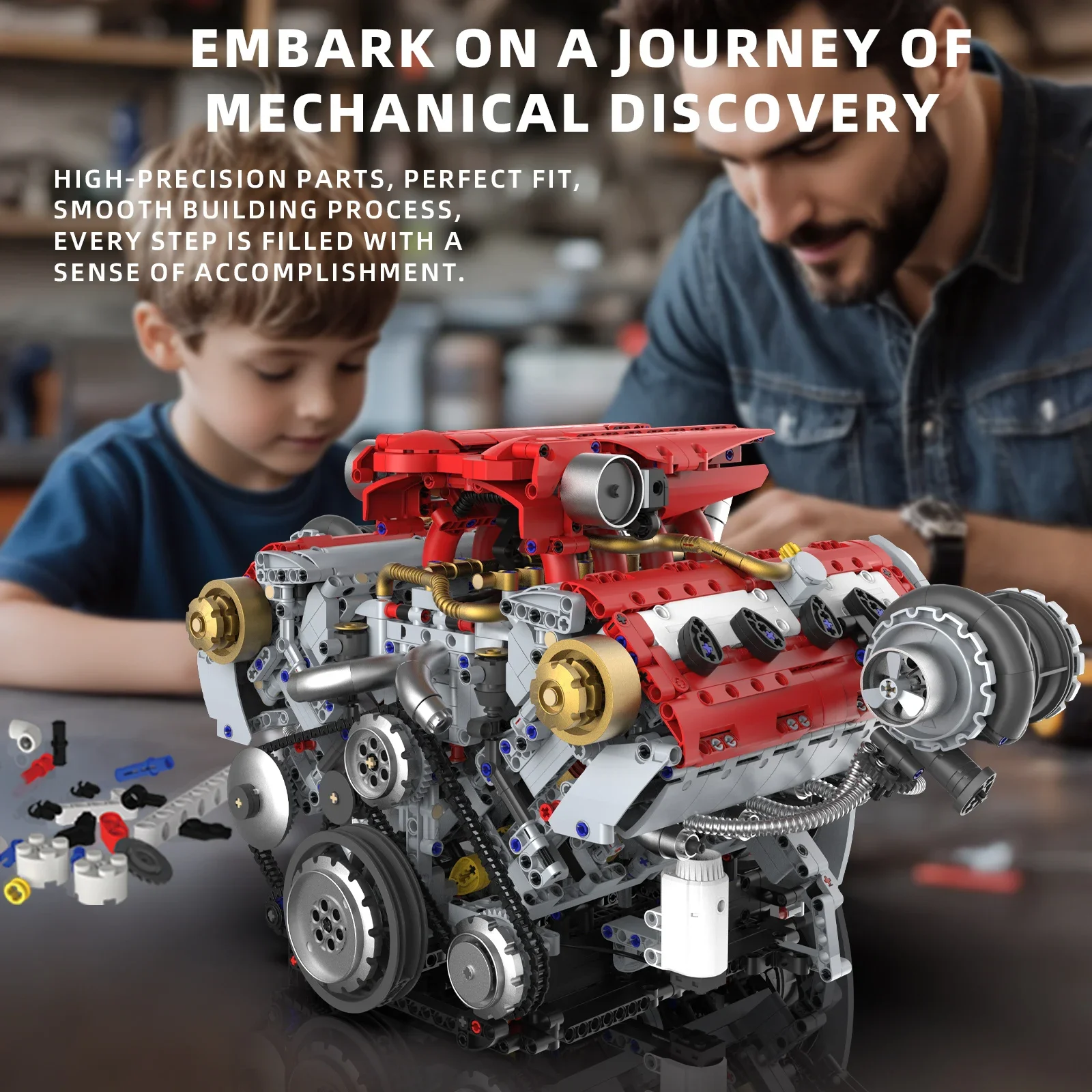 3168pcs Simulation V8 Engine Building Blocks Model with LED Light & APP Programmable Control