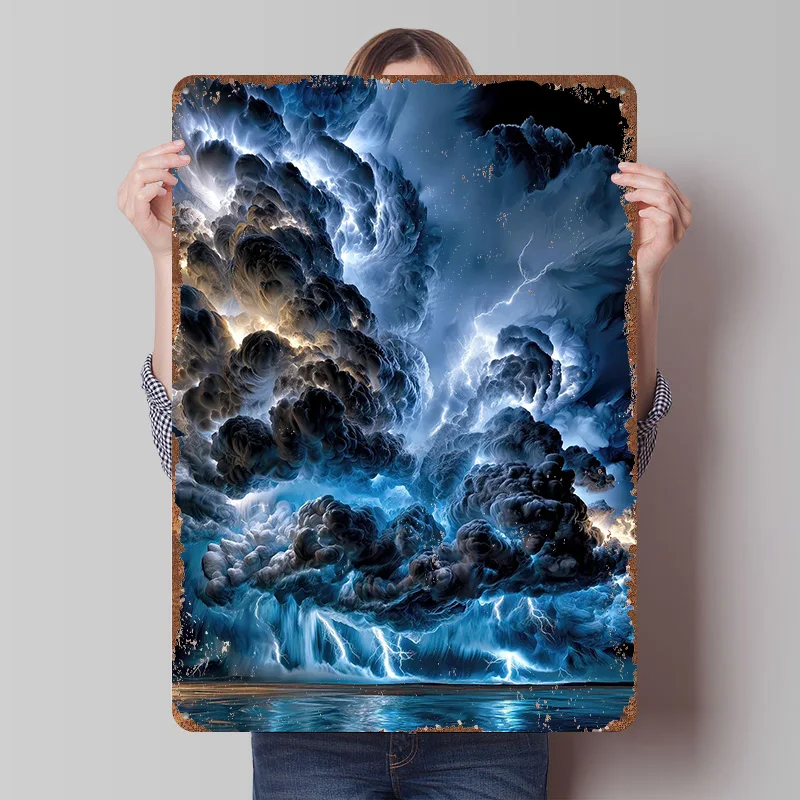 

Dramatic Lightning Storm Over Ocean Poster Customized Vintage Metal Signs Wall Art Retro Tin Plaque for Bedroom Decorations Home
