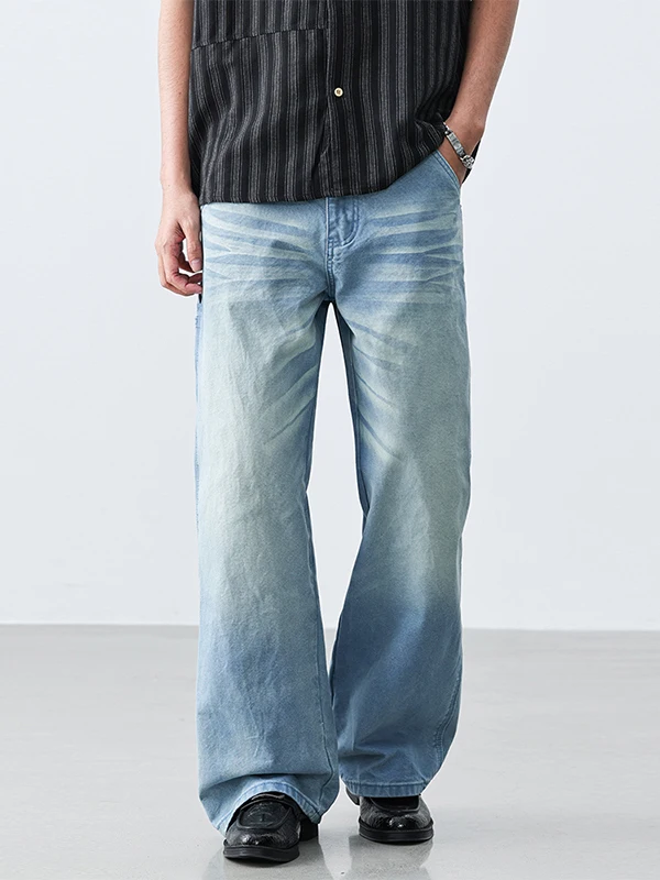 

American Retro Light Blue Cotton Casual Wide Leg Jeans Men's Loose Straight Cut Denim Pants Faionable Urban Sle Spring Wear