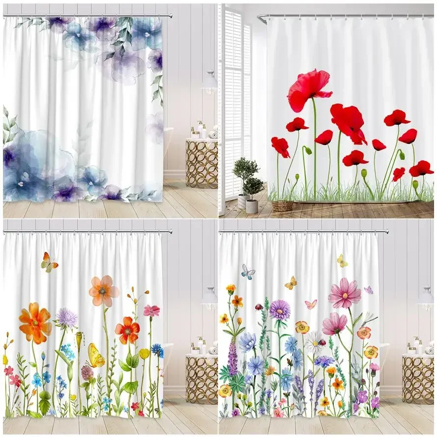 Hand Painted Floral Shower Curtains Set Watercolor Flowers Plants Poppies Butterfly Simple Polyester Nordic Bathroom Decor Hooks