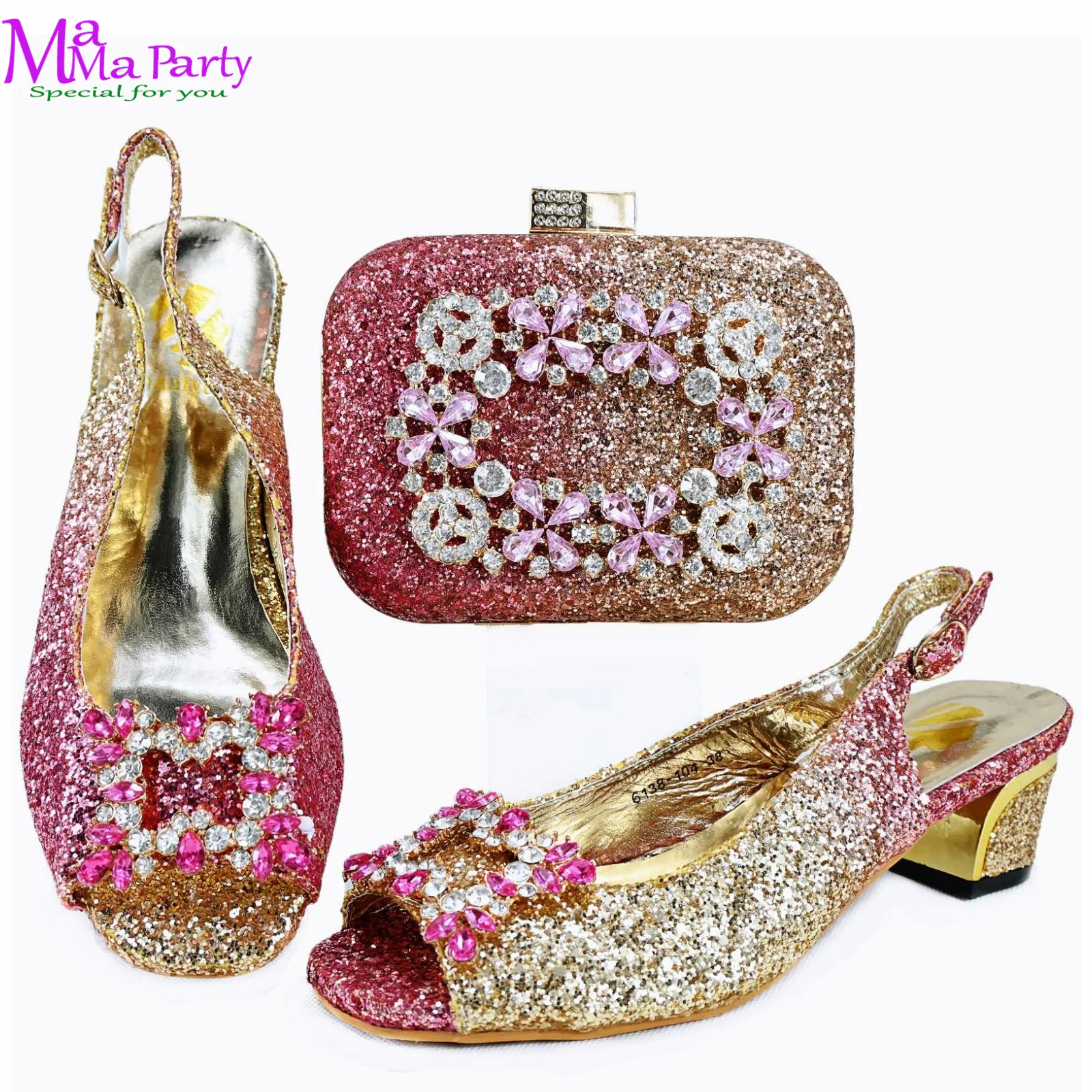 

High Quality Low Heels Comfortable Mature Style New Design Italian Women Shoes and Bag Set in Pink Color for Garden Party