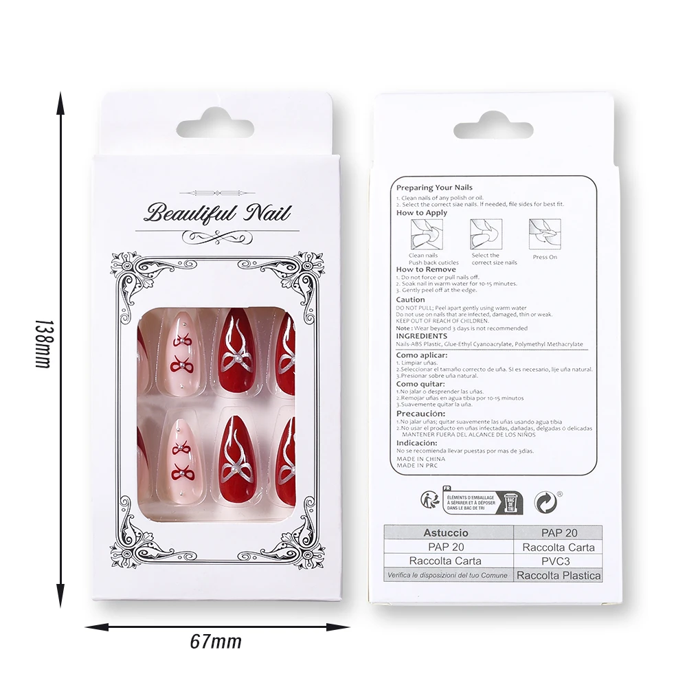 24pcs Red French Tip Press On Nails with Cherry & Bowknot Design Glossy Medium Almond Fake Nails Sweet Cool False Nails Manicure