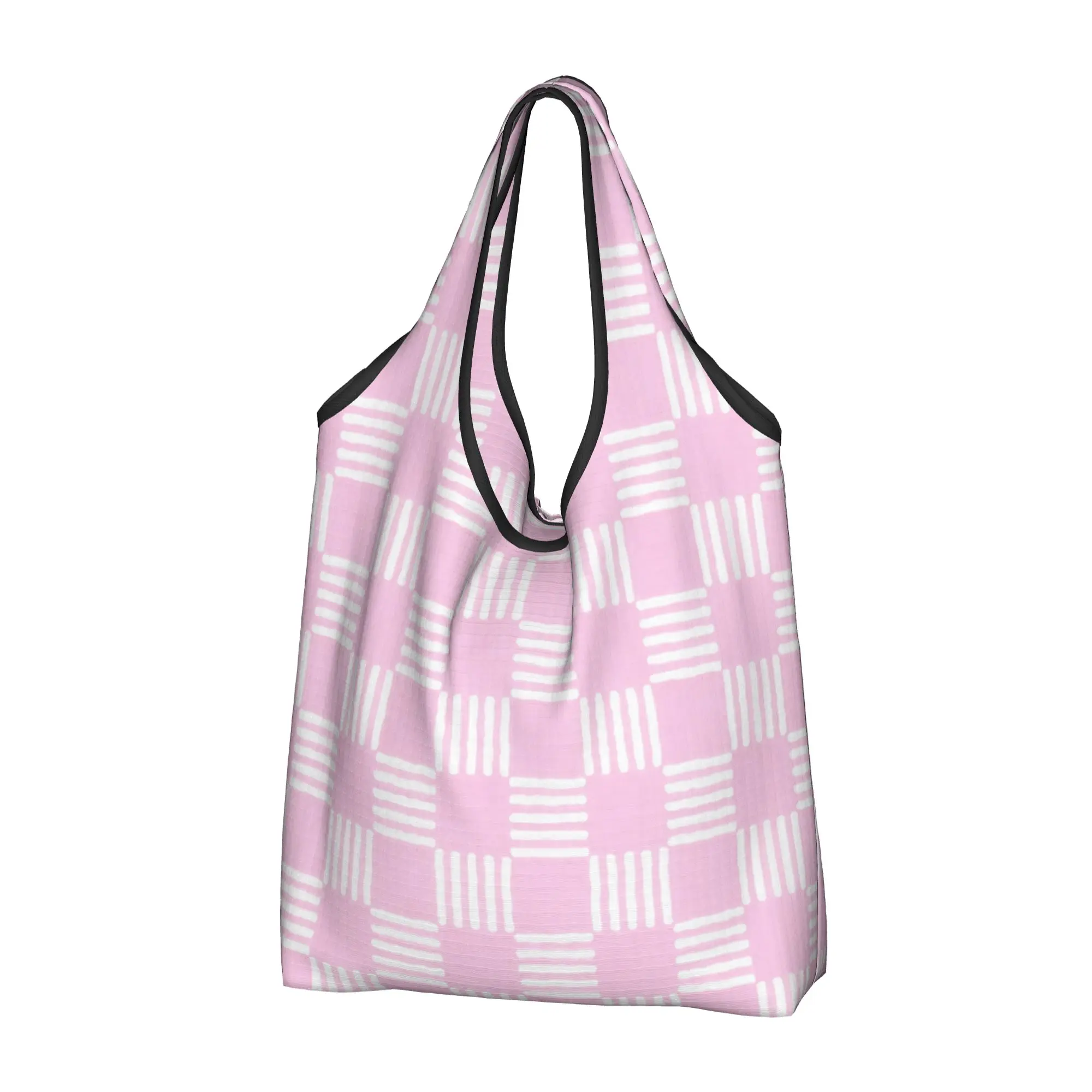 Fashion Printing Plaid Light Pink And White Checks Shopping Tote Bag Portable Shopper Shoulder  Handbag