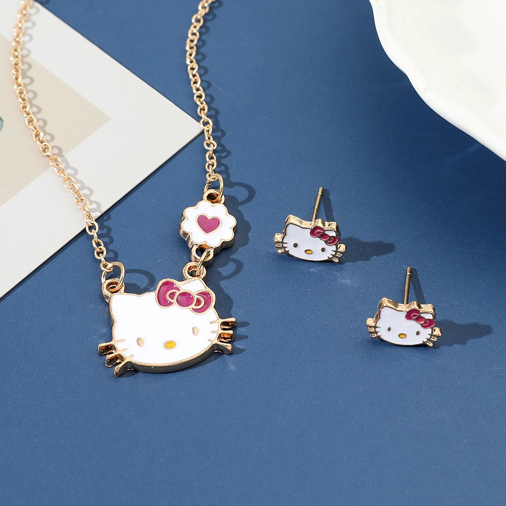 Sweet Sanrio Necklace Hello Kitty Kawaii Kitty Cat Small Earrings Studs for Kids Child Gifts Cartoon Holiday Jewelry Set