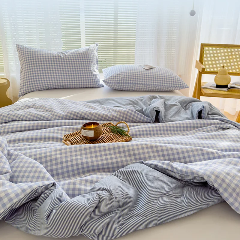 Plaid Printed Soybean Fiber Summer Quilt Soft Quilted Air Condition Blanket for Home Skin-Friendly Single Double Size Comforter
