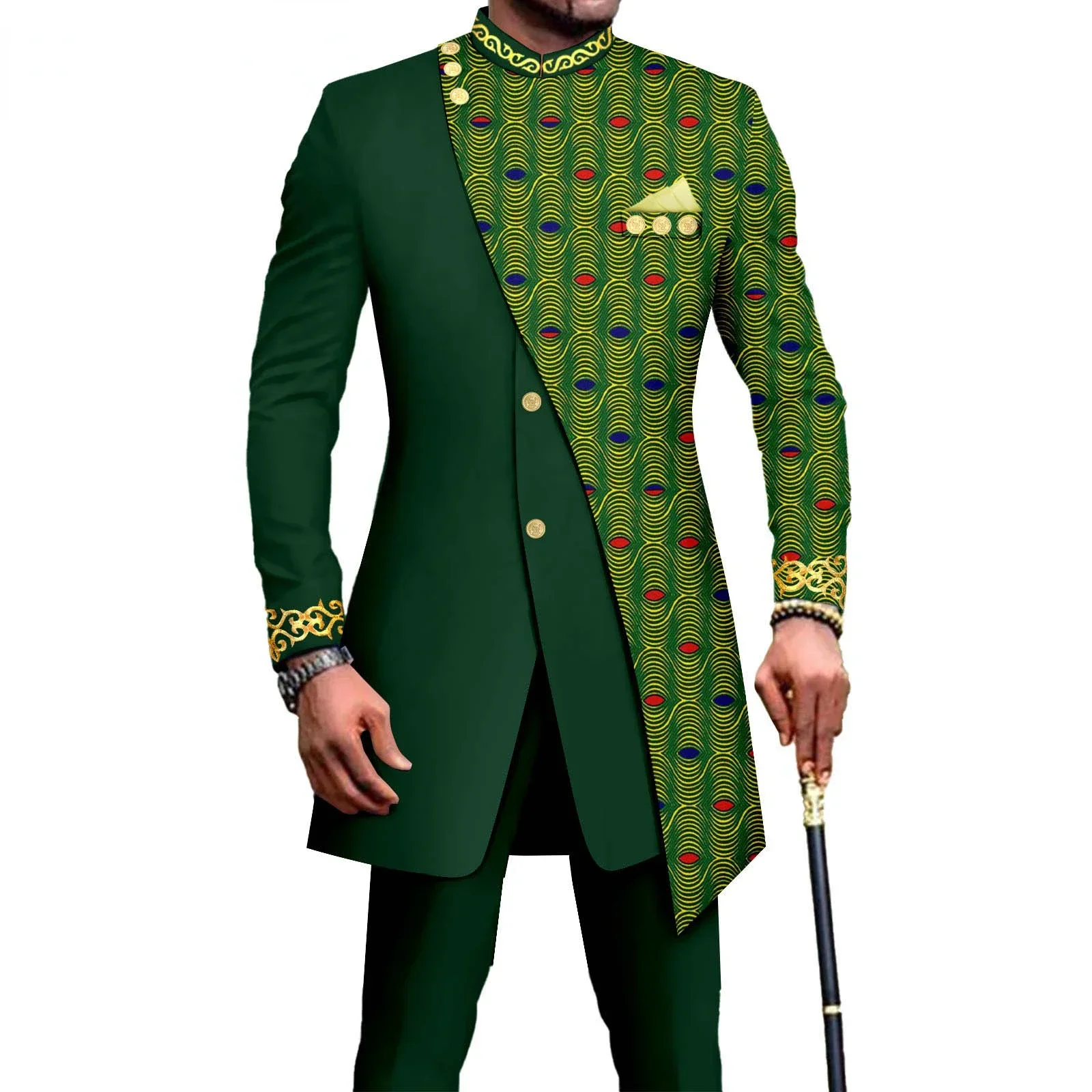 

African Suits for Men Embroidery Print Blazer and Pants Set Business Dress Suit with Kerchief Party Wedding Evening A2316023