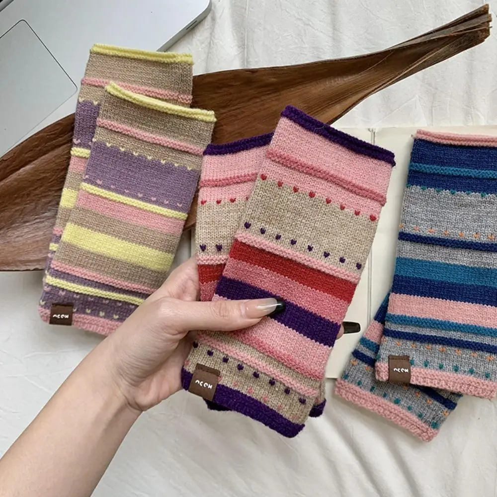 Soft Touch Screen Rainbow Stripe Knitted Gloves Printed Warm Winter Velvet Gloves Wool Plush Women Mittens Ladies