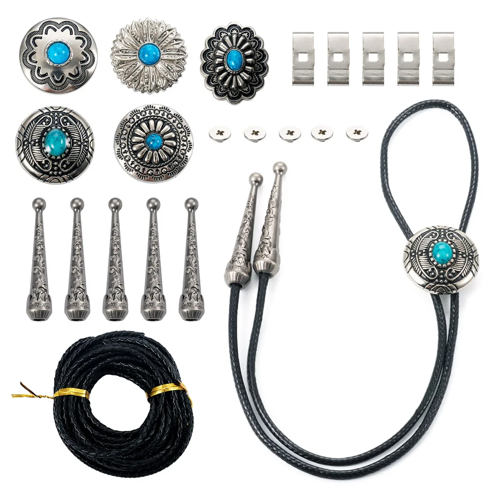 Blume Bolo Krawatte geflochtene Rindsleder Schnüre Türkis Stein Knöpfe Antik Silber Farbe Vintage Schmuck DIY Herstellung Zubehör Kit