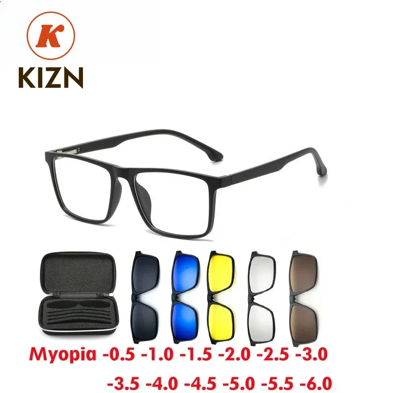 

KIZN 6 In 1 Square Myopia Sunglasses Magnetic Clip Men Polarized Women Custom Optical Prescription Glasses Frame -0.5 TO -10