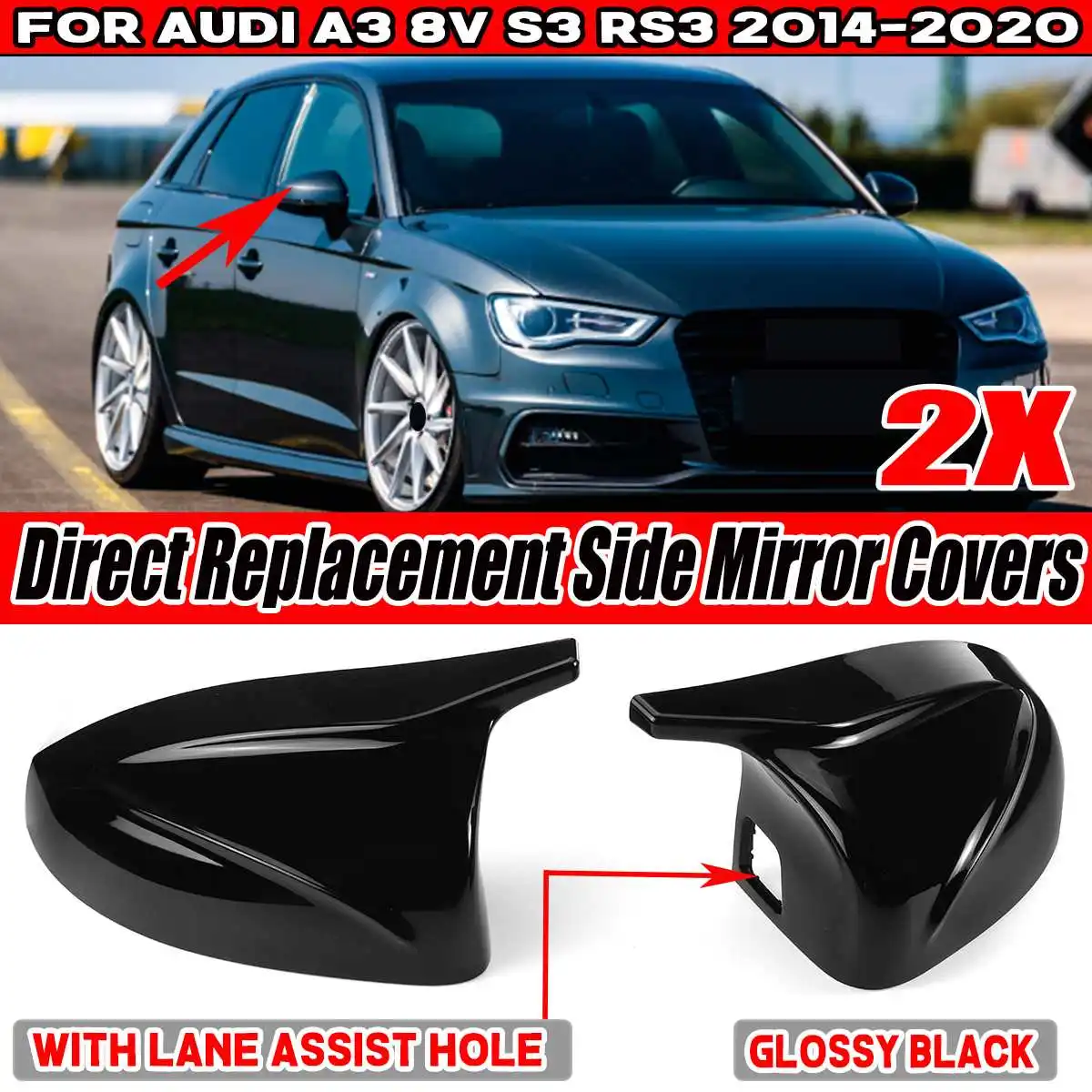 A Pair Car Side Rearview Mirror Cap Cover Rear View Mirror Direct Replace For Audi A3 8V S3 RS3 2014-2020 With Lane Assist Hole