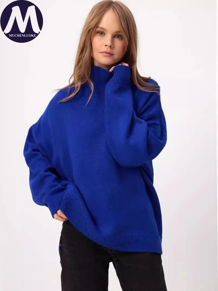 여성용 우아한 하이넥 니트 스웨터 긴 소매 가을 겨울 패셔너블 캐주얼 루즈 따뜻한 두꺼운 풀오버