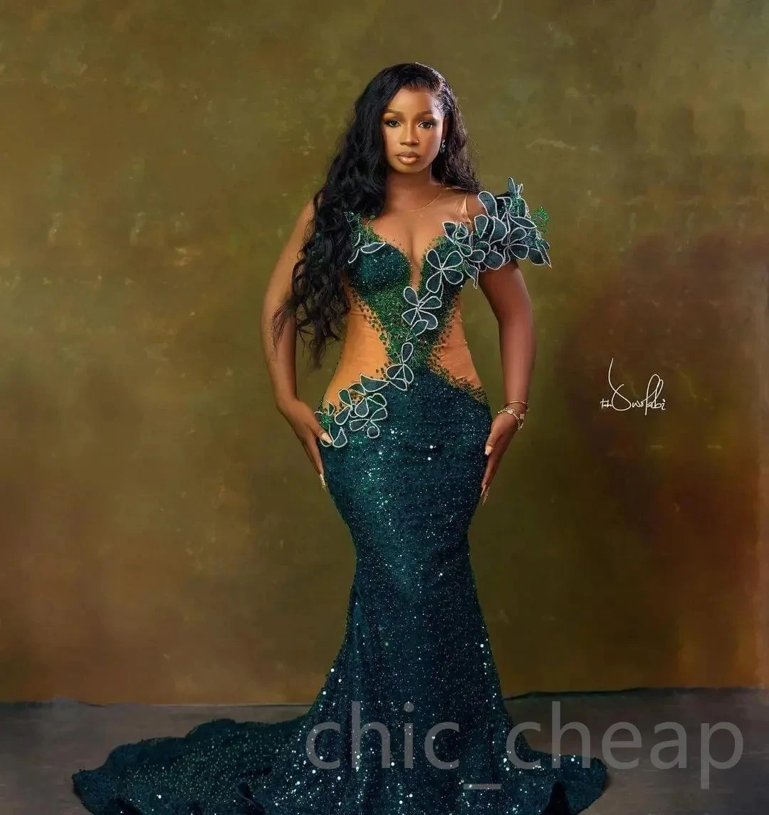 Teal Aso Ebi vestido de noche africano para niñas, vestido de fiesta de sirena transparente, lentejuelas, perlas, largo, Ghana, Nigeria, negro