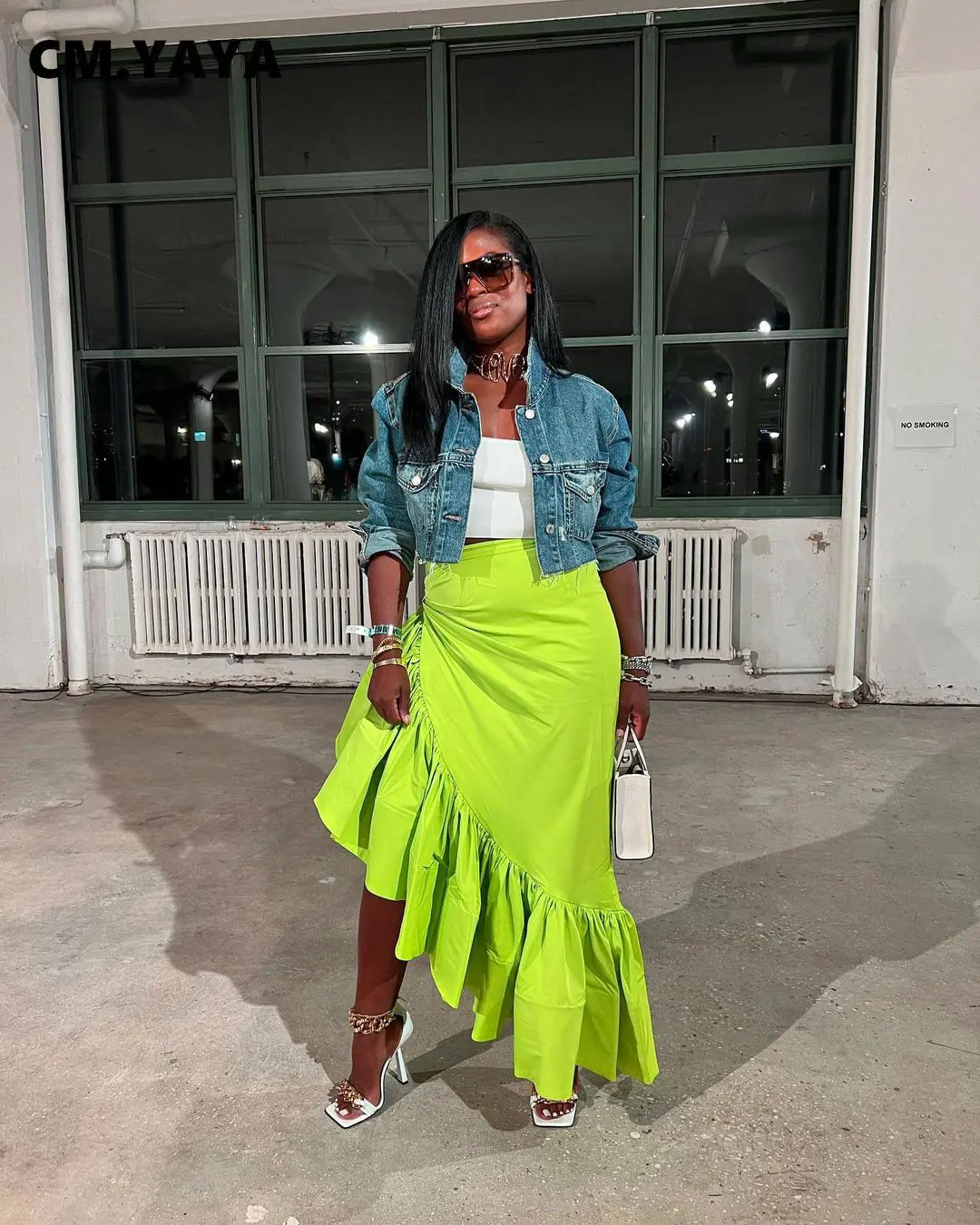 CM.YAYA Women Ruffles Hem Asymmetrical High Waist Maxi Long Skirt
