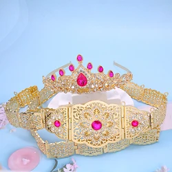 Pink Rhinestone Wedding Jewelry Set for Bride Morocco Caftan Dress Belt Gold Plated Muslim Women Jewelry Luxury Bijoux