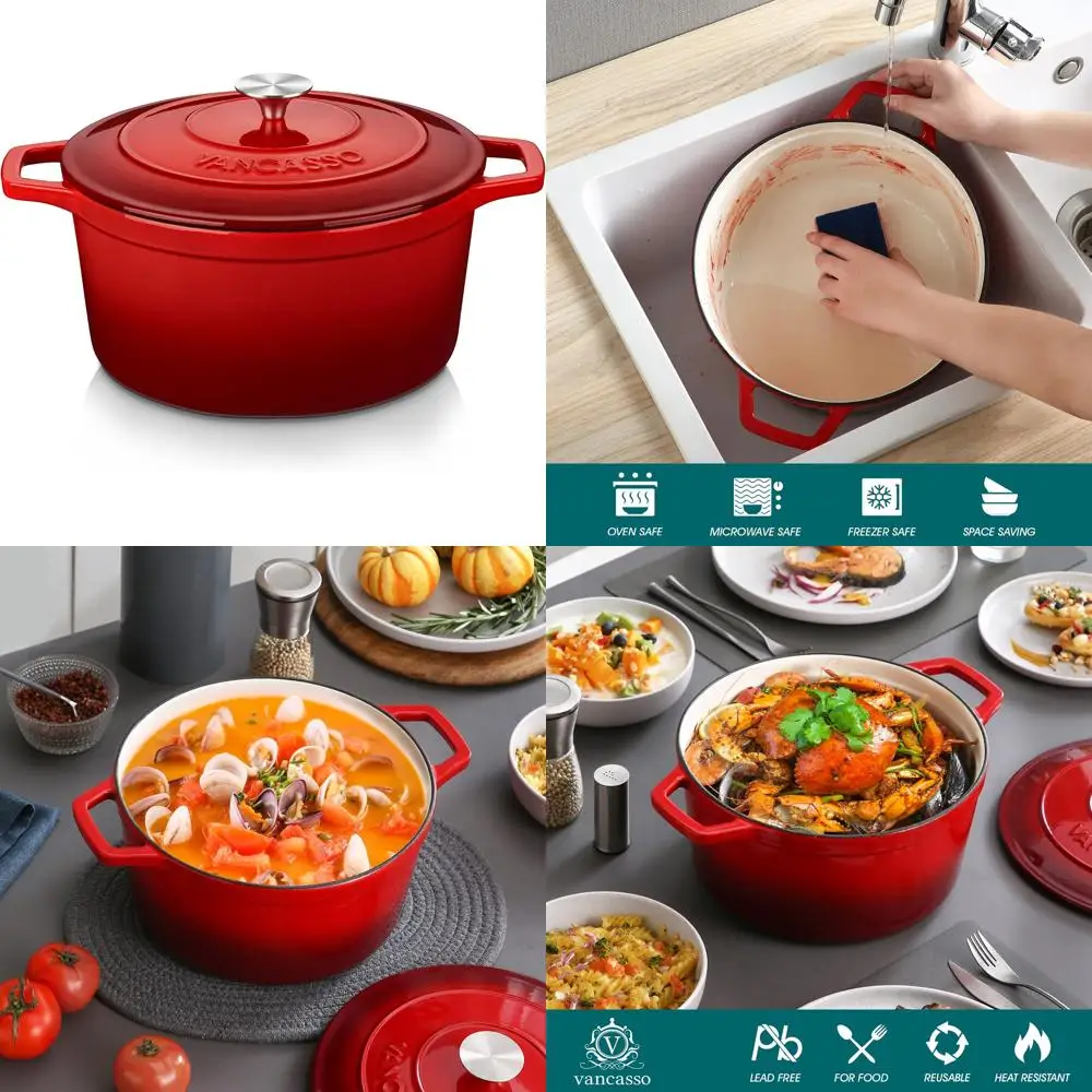 

Ваканссо Эмалированная чугунная голландская духовка, кастрюля 7,5 QT с крышкой, круглая эмалированная голландская духовка для выпечки хлеба, антипригарная эмаль