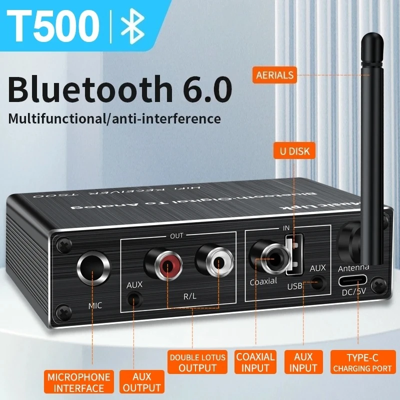 Receptor de Audio Bluetooth 6,0, convertidor Coaxial DAC, USB, reproducción de disco U, micrófono 6,5, adaptador inalámbrico de Karaoke, AUX RCA de 3,5 MM