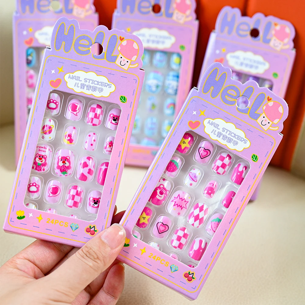 24 Stuks Kids Kawaii Cartoon Valse Nagels Sanrio Anime Kuromi Design Press Op Nagels Verwijderbare Afgewerkte Acryl Nagel Tips Met Gereedschap