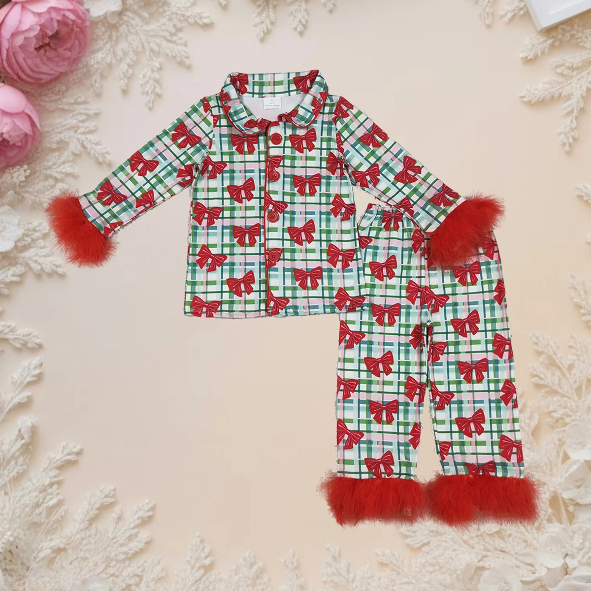 

Baby Girl Pajamas Sets Toddler Christmas Kids Fur Bows Print Plaid Lapel Button Up Tops Long Pants Children Lounge Suit Clothes