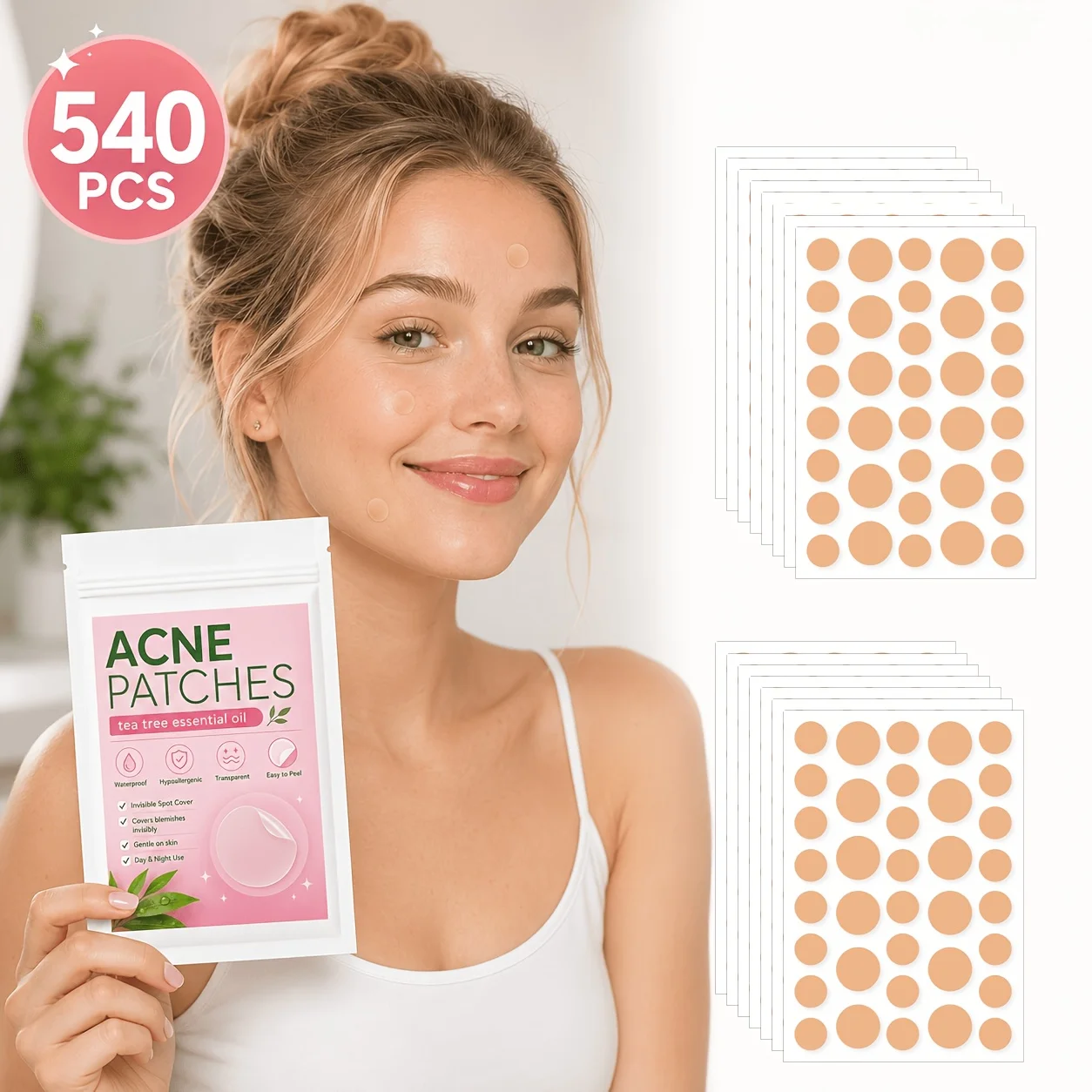 540PCS Hydrocolloid Pimple Patches, Round Face Stickers, Transparent Facial Patches, Invisible Spot Cover for Daily Skin Care