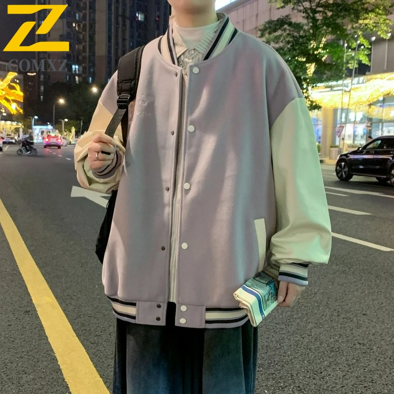 COMXZ Autumn Mens Jacket Trendy High Street Baseball Jacket Loose Fit Versatile Coat Minimalist Embroidery Casual Outerwear​