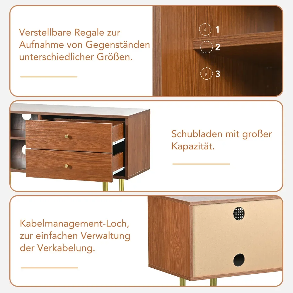 Stilvoller TV-Ständer aus Walnussholz mit 2 Rattan-Schiebetüren und praktischen Schubladen aus dunklem Kunststoff und Rattan – Detail 13