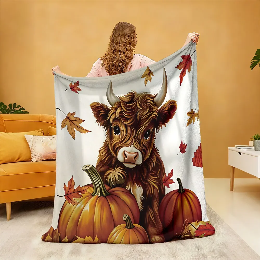 Cute Fall Autumn Pumpkin Cow Portrait Throw Blanket Cozy Seasonal Decor Gift for Farmhouse Home