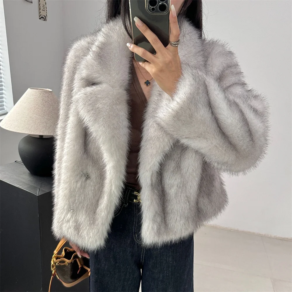 Autumn Winter Woman Elegant Streetwear Women Faux Fox Fur Jacket Vintage Turn-Down Collar Long Sleeve Coat Lady Thick Outerwear