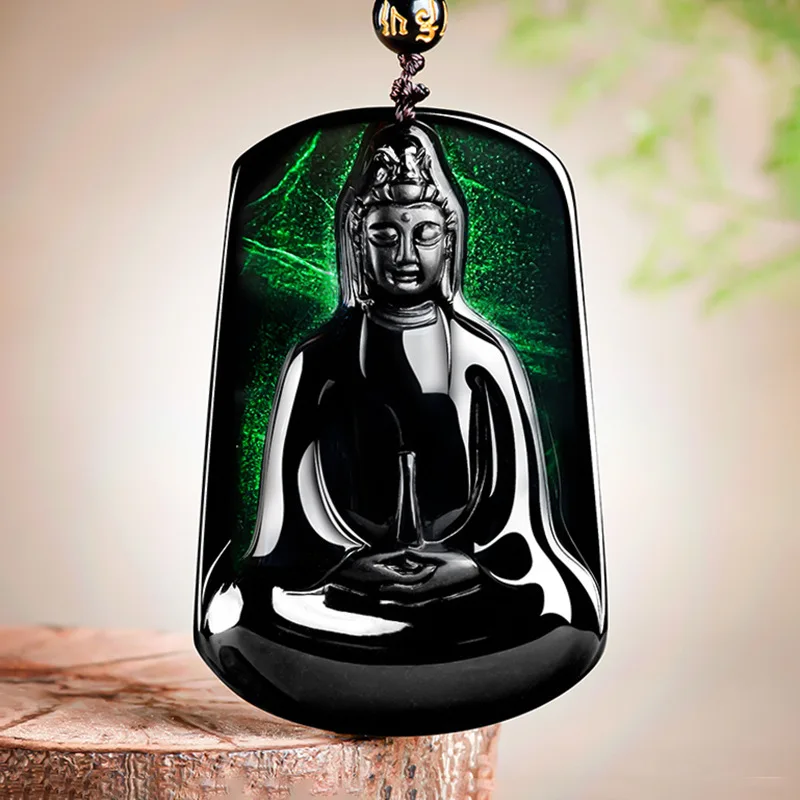 

Natural A Goods Ink Jade Plain Clothes Clean Bottle Guanyin Buddha Statue Jadeite Pendant Transparent Green Charms Men's Gifts