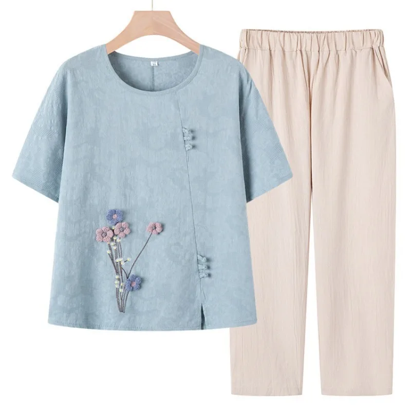 

Summer Linen Two Piece Set for Middle Aged Women Fashion Short Sleeve T Shirt Grandma Outfit Lightweight Breathable Fabric