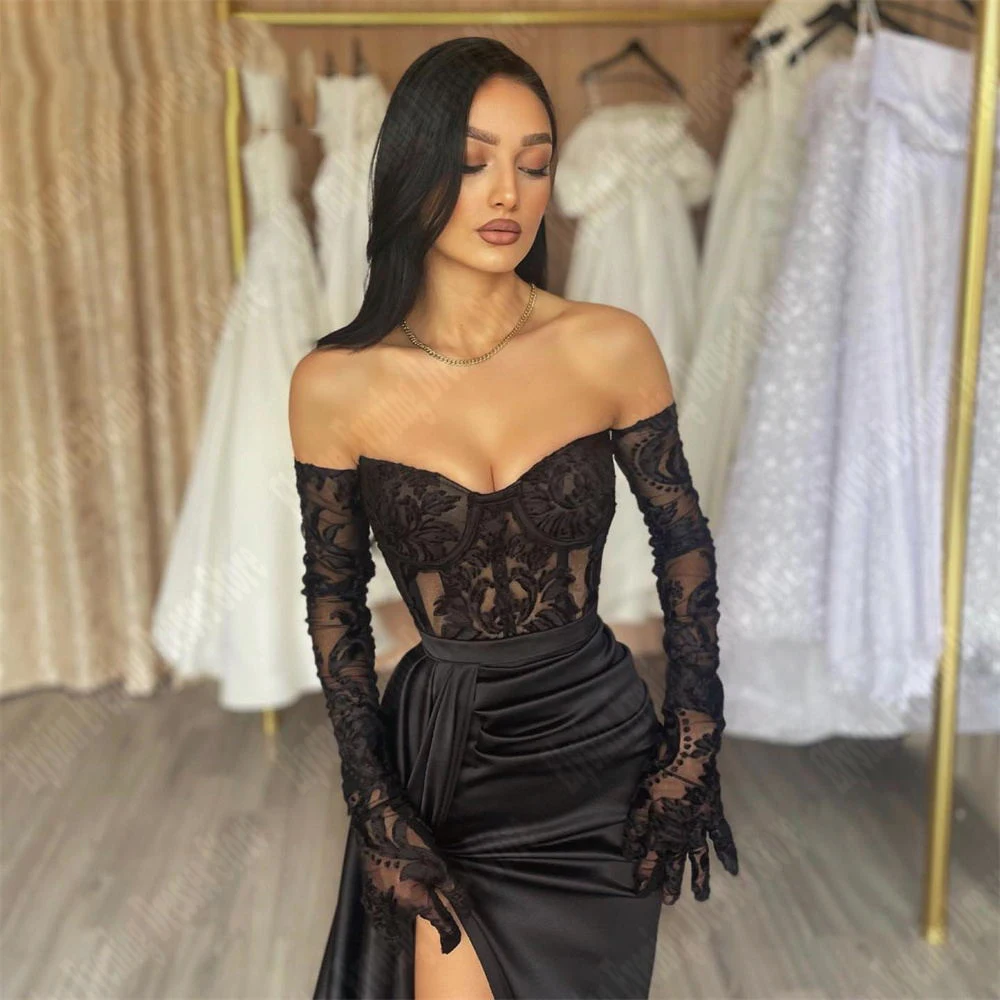 Black Satin Mermaid Evening Dresses Off Shoulder No Gloves Customized Prom Gowns High Slit Floor Length Fascinating Women Robes