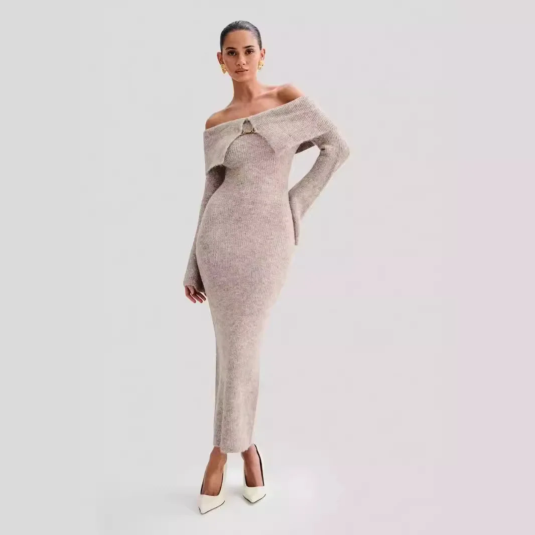 Vestido Midi de manga larga acampanado de punto liso esponjoso de lujo para mujer, vestido elegante ajustado sin hombros, suéter largo para mujer,