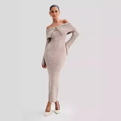 Luxury Fall Winter Fluffy Solid Knitted Flared Long Sleeve Midi Dress Elegant Bodycon Off Shoulder Sweater Long Dress For Women