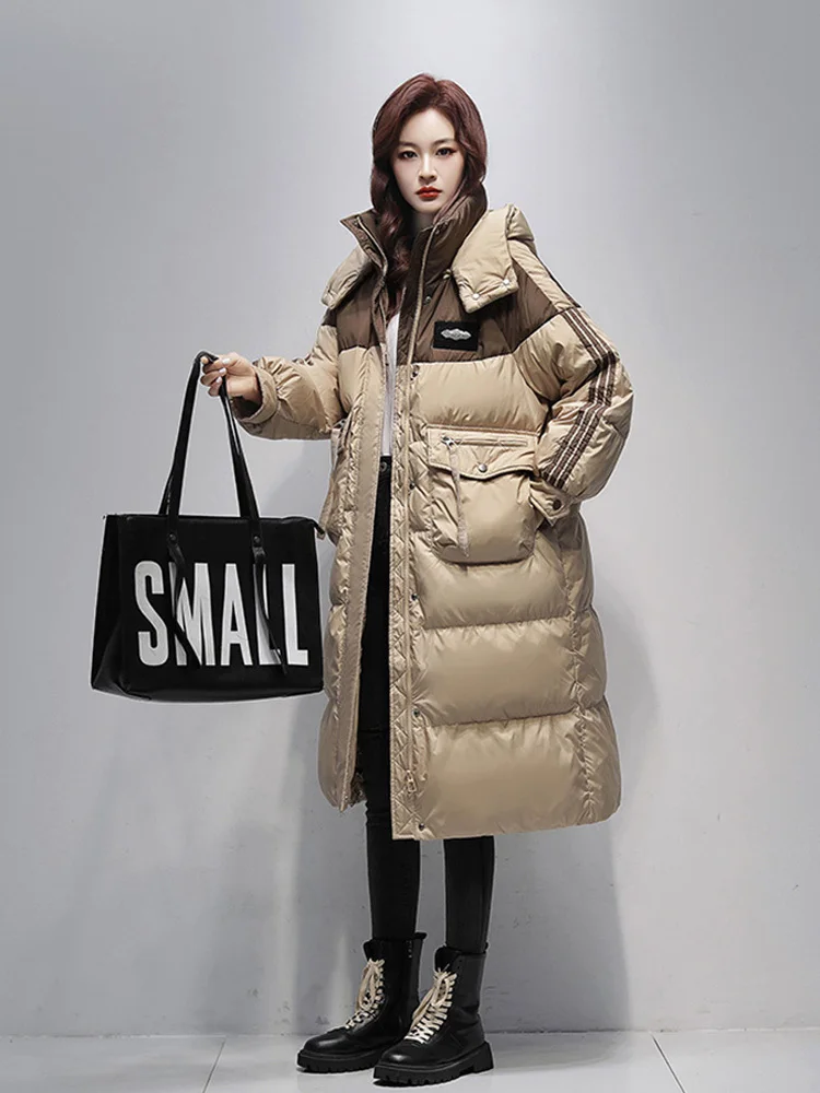 Down Jacket Women Long Hooded Trendy Outdoor 2024 Winter New Fashion Letter Three-proof Thick Coat Heat Storage