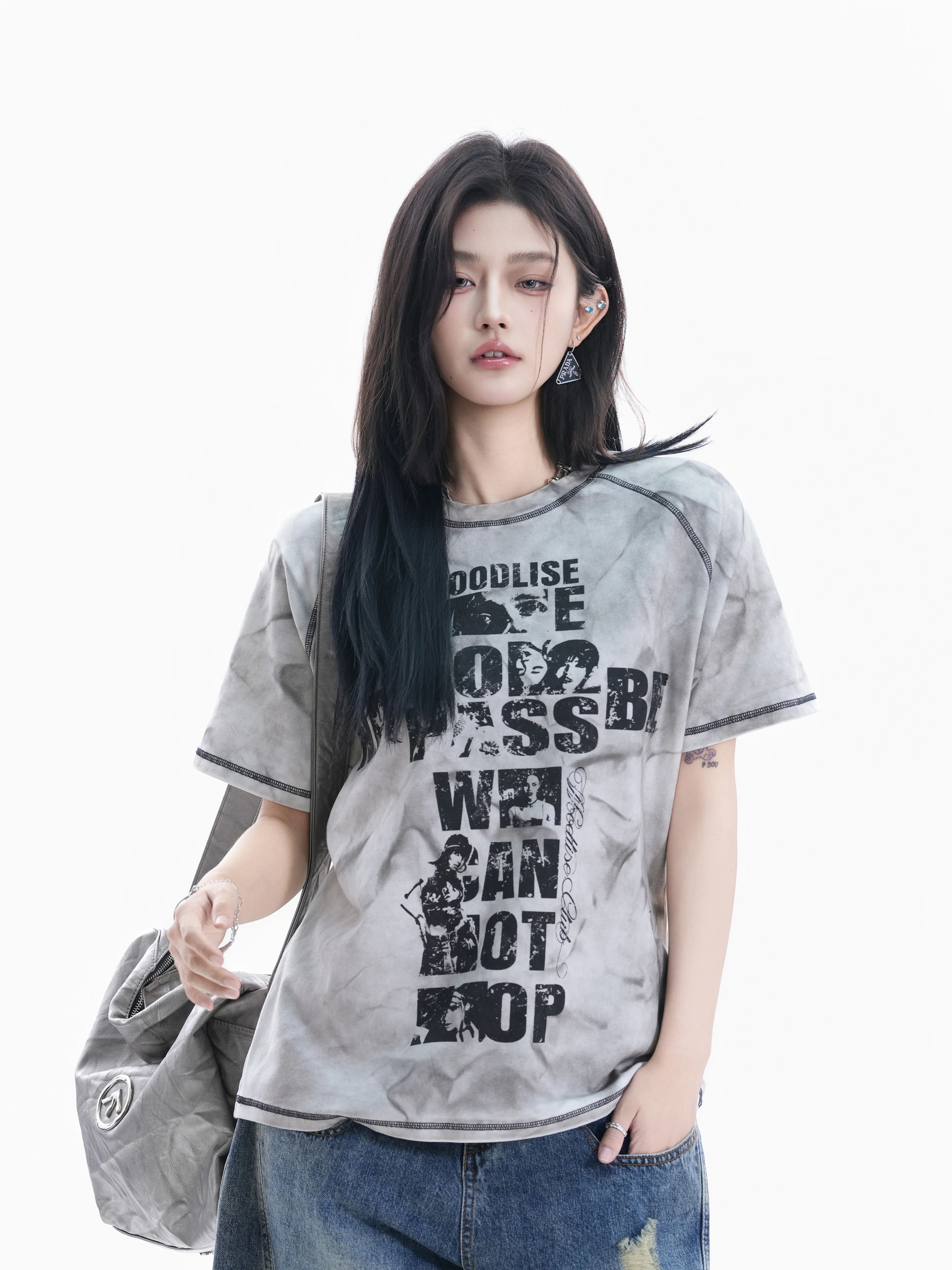 

Retro American Dyed Letter Print Loose Short Sleeve T-Shirt Women's Style Small Ball Cotton Casual High Street Top