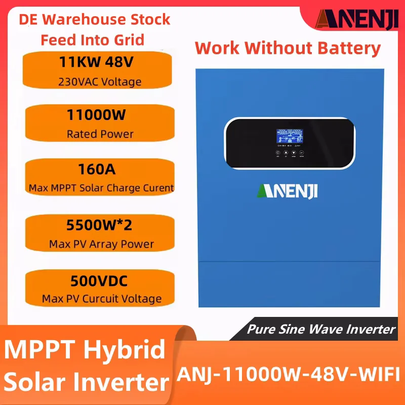 11KW On Grid Off Grid Hybrid Solar Inverter 48V MPPT Pure Sine Wave Inverter 220VAC PV 500V Built 160A Solar Charge Controller