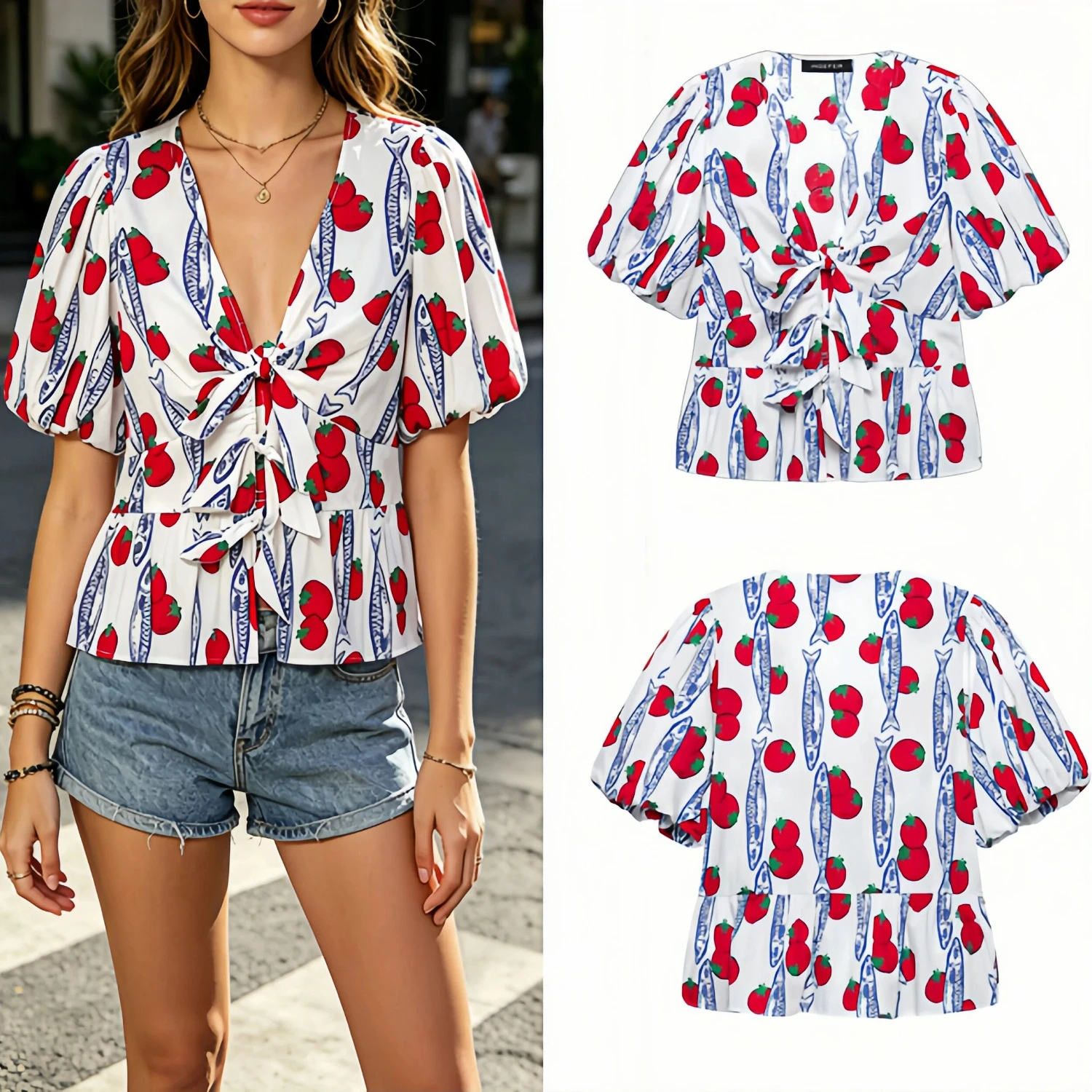 

2026 Summer Women Printed V Neck Short Sleeve Blouse Bow Decoration Flared Hem Chic Simple Top Versatile Printed Blouse