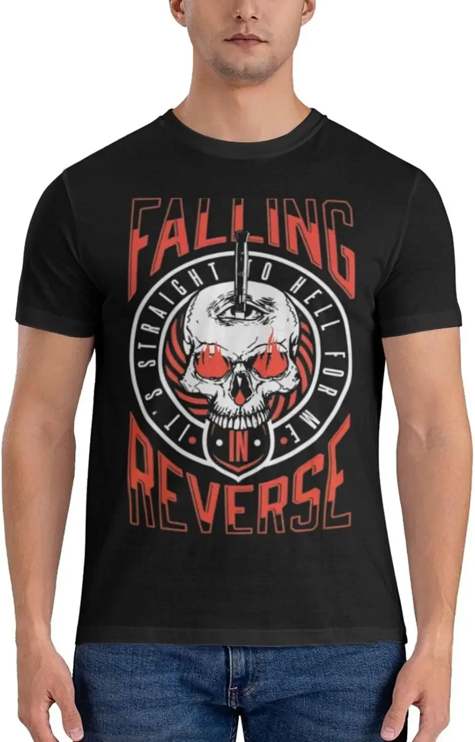 Falling in Band Reverse Men's Crew Neck Short Sleeve Tops Trend Versatile T-Shirt Black