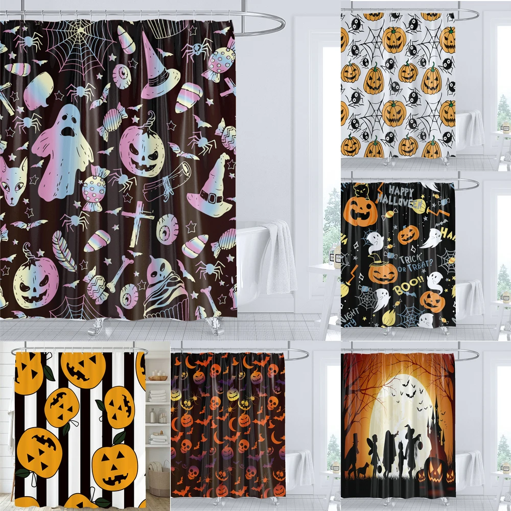 

Halloween Shower Curtain Pumpkin Skull Ghost Cartoon Children Bathroom Curtain Bathtub Decoration Halloween Curtain with Hooks