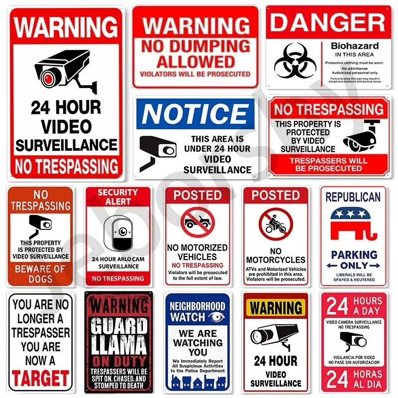 Metal Sign No Trespassing Tin Warning Sign 24 Hour Video Surveillance Property Poster Plate Yard Rigid Safety Sign