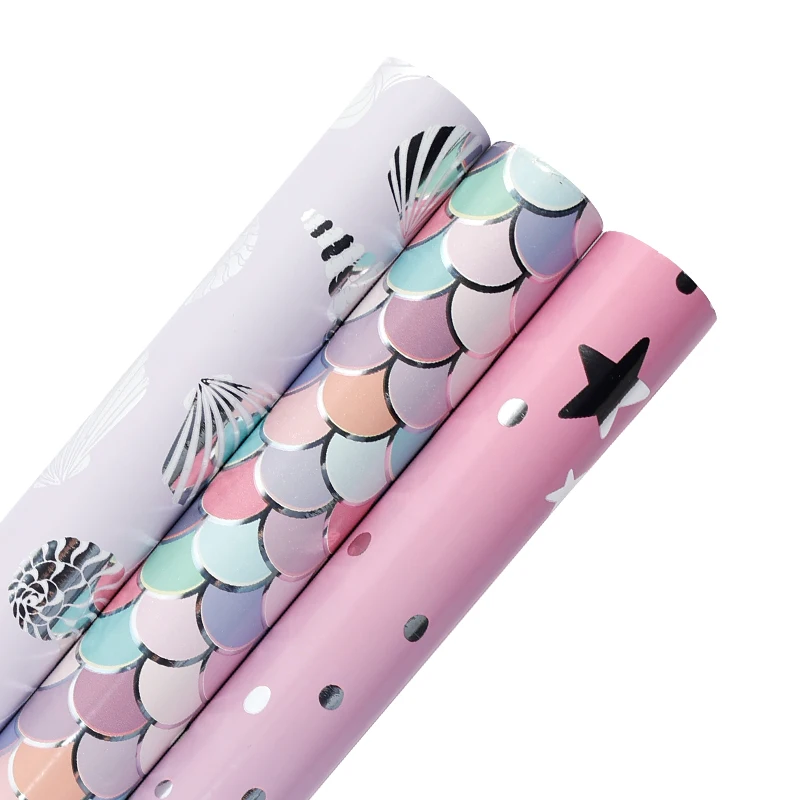 3 Rollen Geschenkpapierrolle, 17 x 118 Zoll pro Rolle, lila Meerjungfrauenwaage, Glitzerschale, geeignet zum Valentinstag, Geburtstag