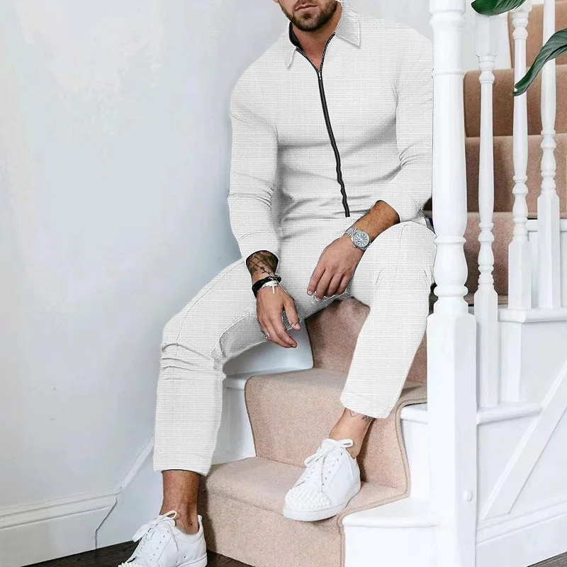 2024 New Men's Solid Color Casual Clip Waffle Polo Collar Long Sleeve Training Casual Set Zipper Sports Versatile Two Piece Set