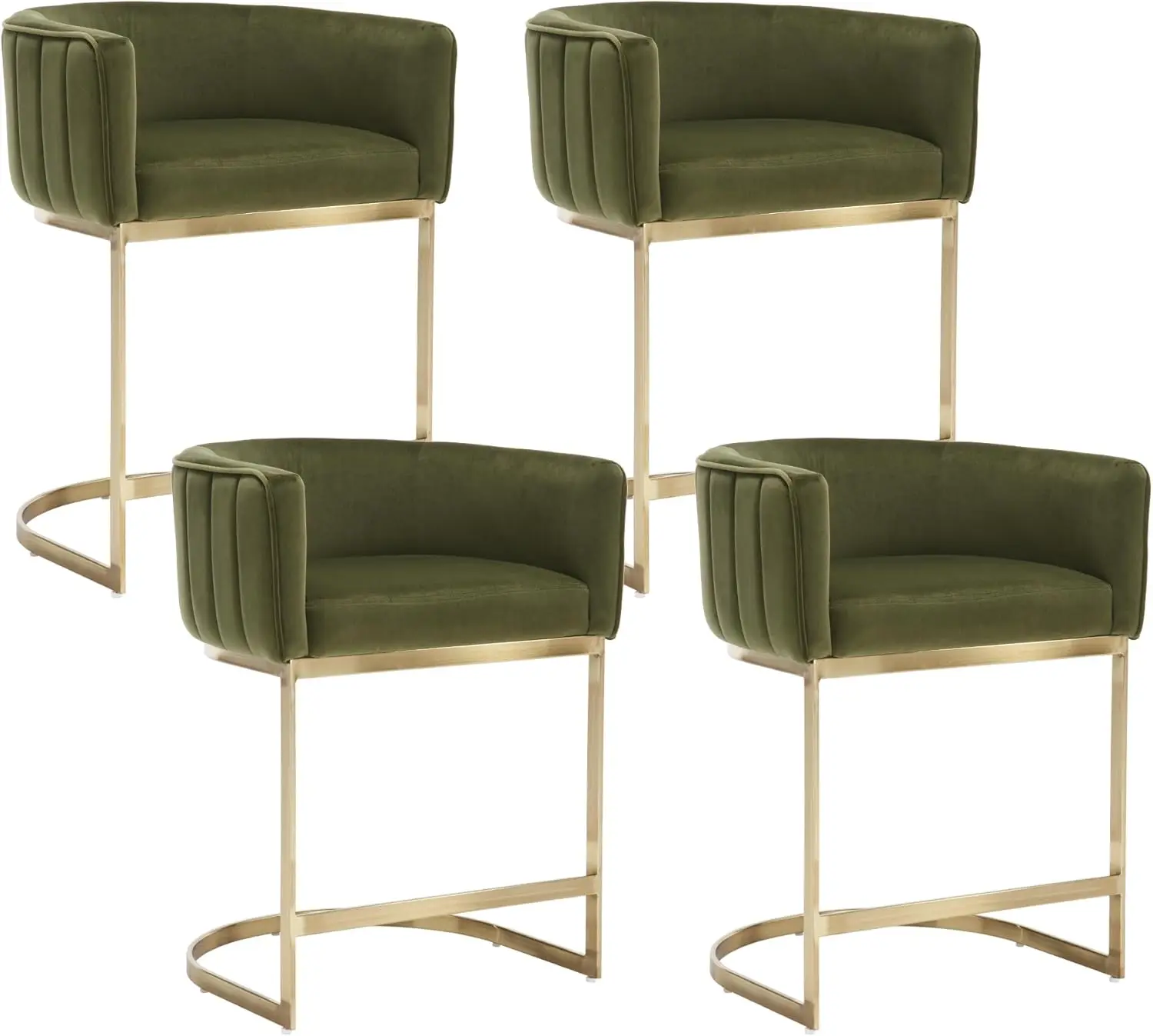 4 Modern Bar Stools Counter Height 24"" For Kitchen Island Velvet Upholstered Barrel Back Stool Chair And Golden Metal Frame