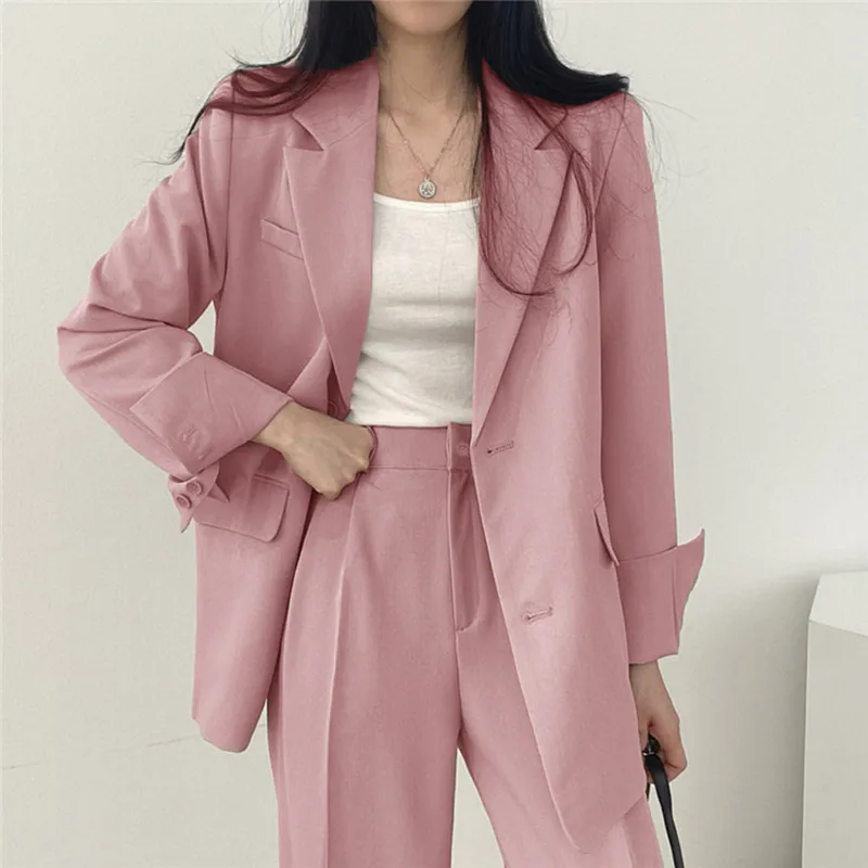 Women Blazers Pant Sets Single Breasted Office Lady Casual Autumn Solid Blazer Suit Pocket Two Piece Set Elegant Ladies Outfits