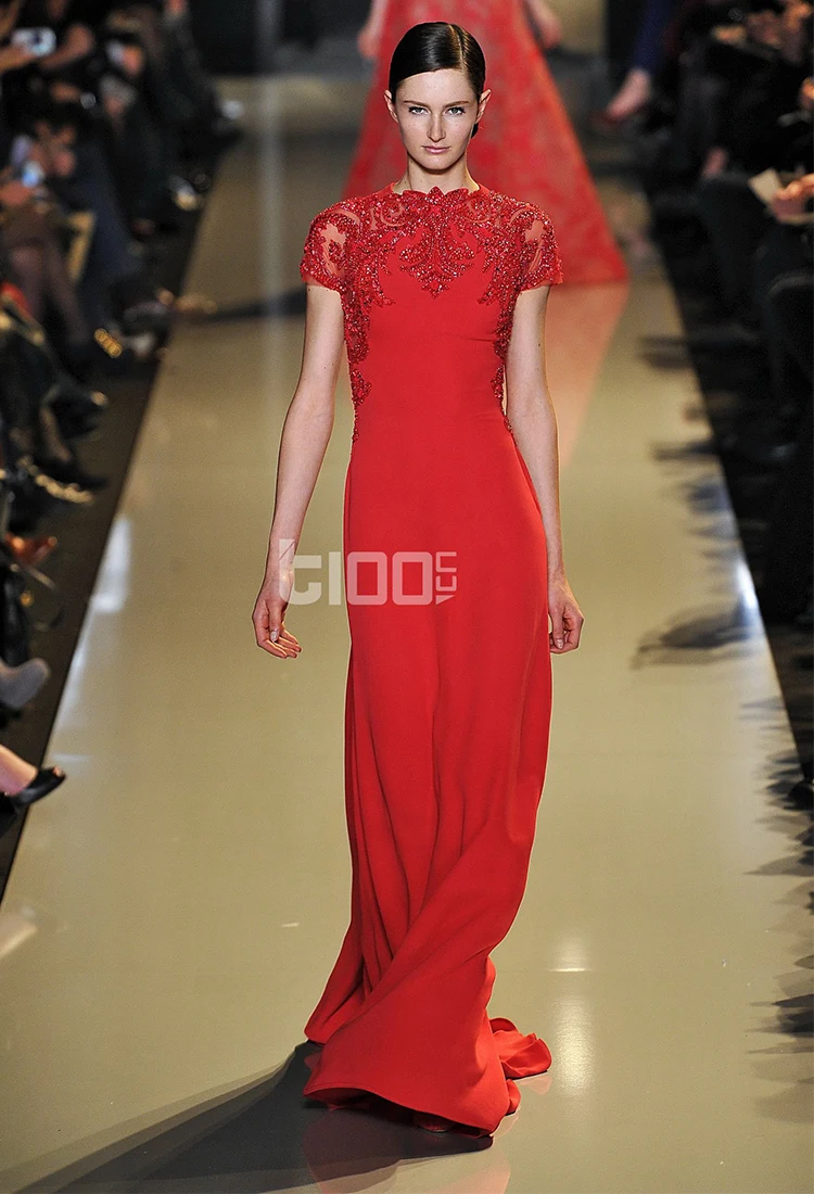 L440 Hot Sale Red Short Sleeves Beaded Mermaid  فساتين السهرة vestidos de fiesta  فساتين سهره evening dresses