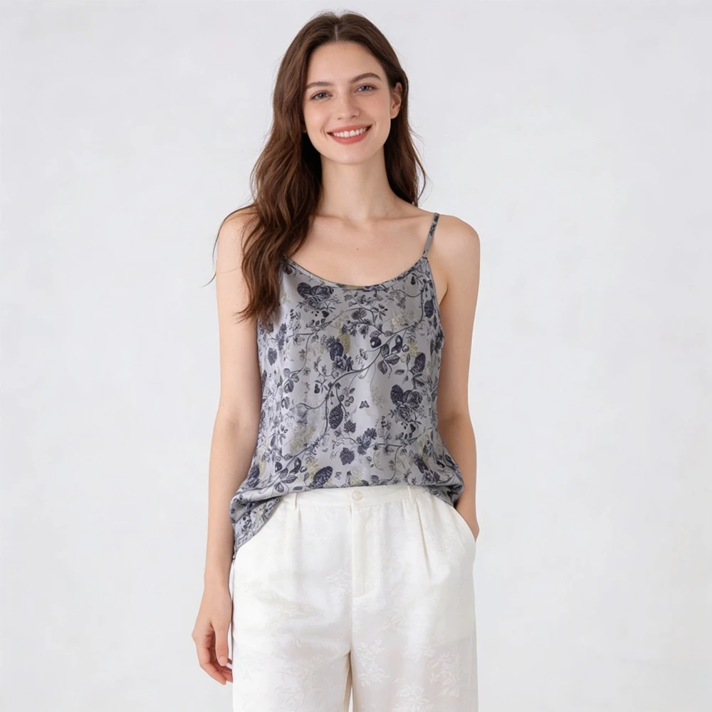 2026 Women's Casual Summer New High-quality 100% Natural Mulberry Silk Jacquard Satin Diagonal Cut Sexy Printed Suspender