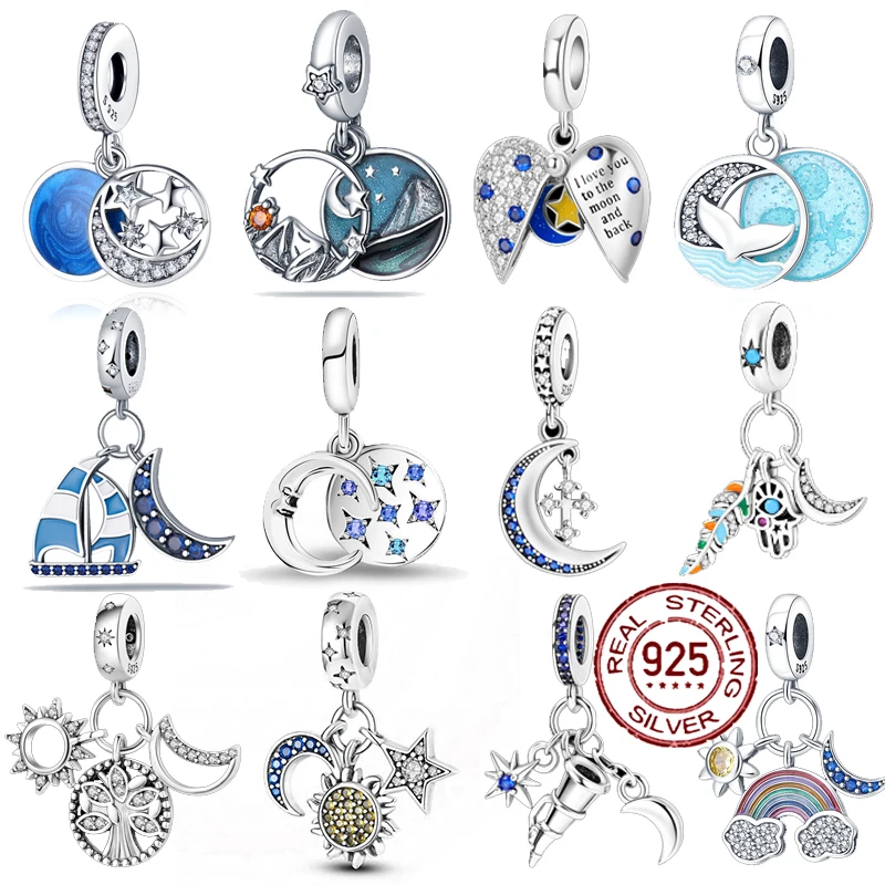 

925 sterling silver blue moon diamond beads Fit Original Pandora charm bead Charm Bracelet Necklace Trinket Diy Women Jewelry